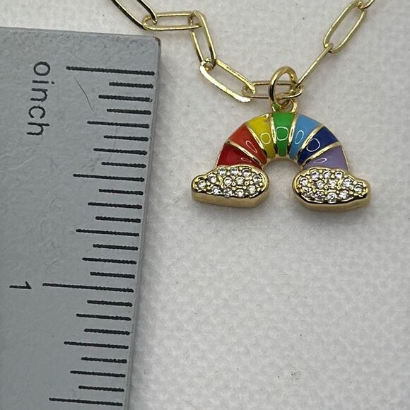 NWOT 18k gold plated enamel rainbow pendant with zircon encrusted clouds - Picture 5 of 5